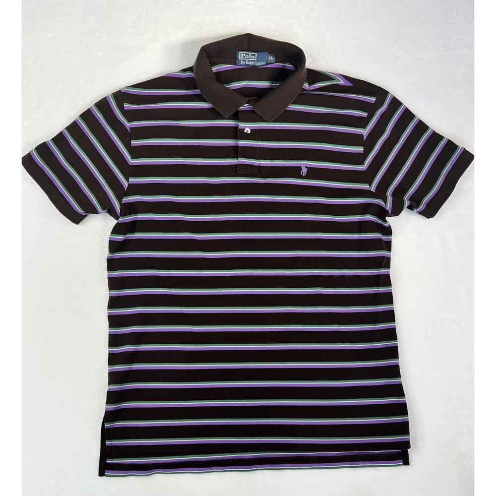 Men's Vintage Polo Ralph Lauren Striped  Polo Shirt Brown‎ Purple Green Size XL - Picture 1 of 10